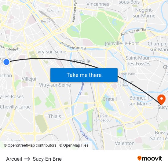 Arcueil to Sucy-En-Brie map