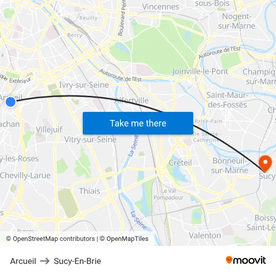 Arcueil to Sucy-En-Brie map