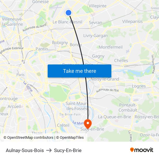 Aulnay-Sous-Bois to Sucy-En-Brie map