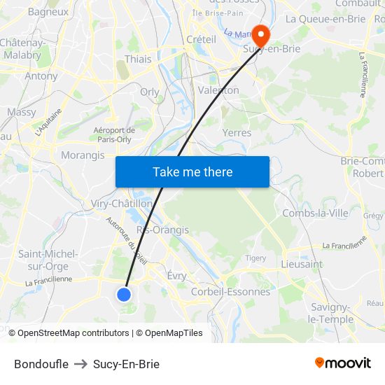 Bondoufle to Sucy-En-Brie map