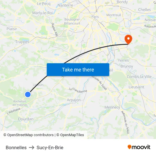 Bonnelles to Sucy-En-Brie map
