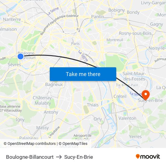Boulogne-Billancourt to Sucy-En-Brie map