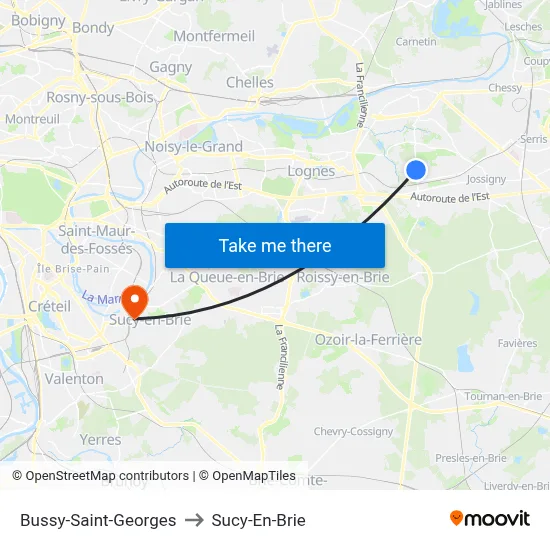 Bussy-Saint-Georges to Sucy-En-Brie map