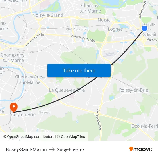 Bussy-Saint-Martin to Sucy-En-Brie map