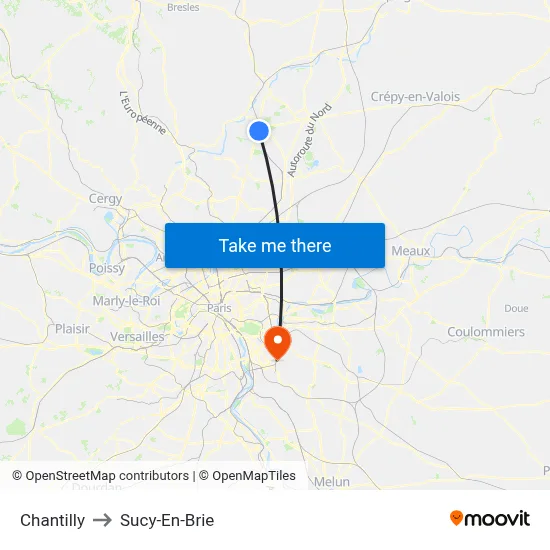 Chantilly to Sucy-En-Brie map