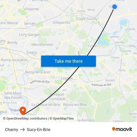 Charny to Sucy-En-Brie map