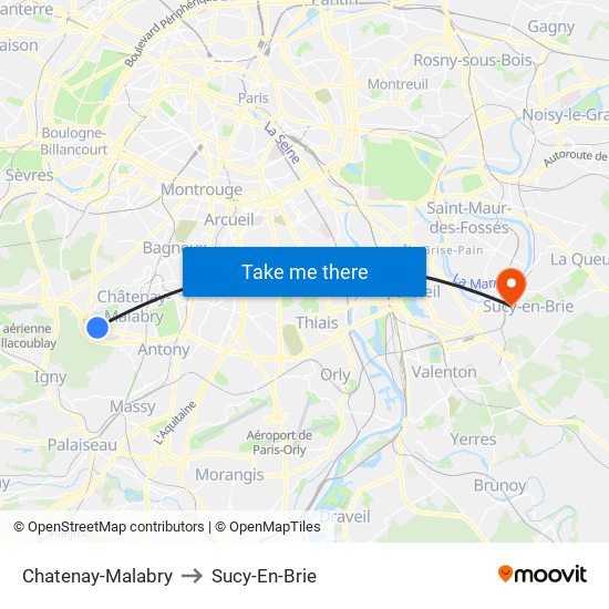 Chatenay-Malabry to Sucy-En-Brie map
