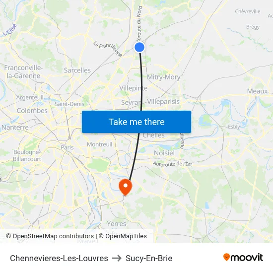 Chennevieres-Les-Louvres to Sucy-En-Brie map