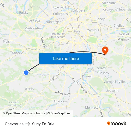 Chevreuse to Sucy-En-Brie map