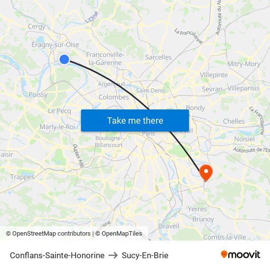 Conflans-Sainte-Honorine to Sucy-En-Brie map