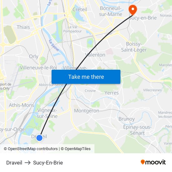 Draveil to Sucy-En-Brie map
