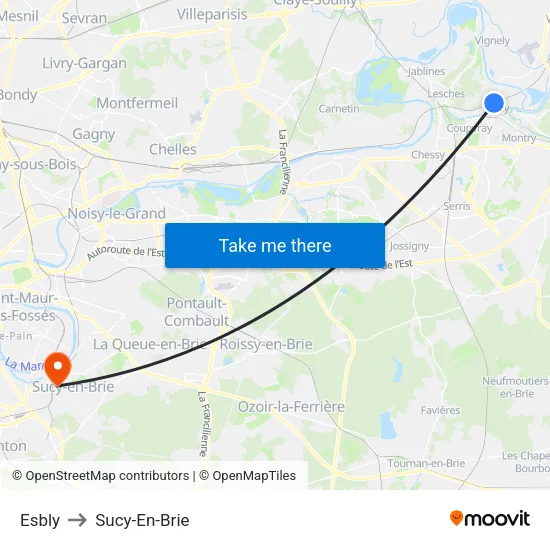 Esbly to Sucy-En-Brie map