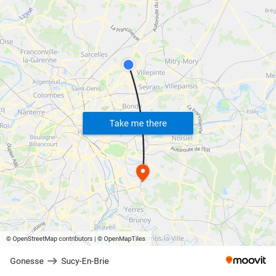 Gonesse to Sucy-En-Brie map
