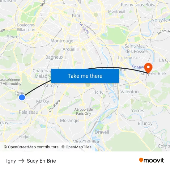 Igny to Sucy-En-Brie map