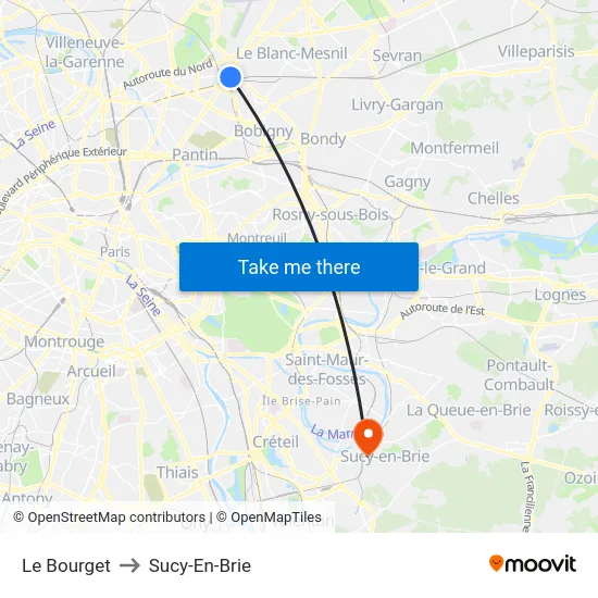 Le Bourget to Sucy-En-Brie map