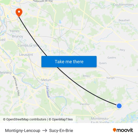 Montigny-Lencoup to Sucy-En-Brie map