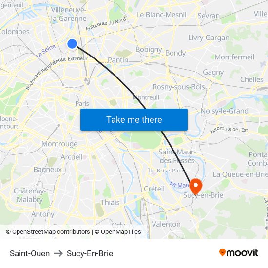 Saint-Ouen to Sucy-En-Brie map