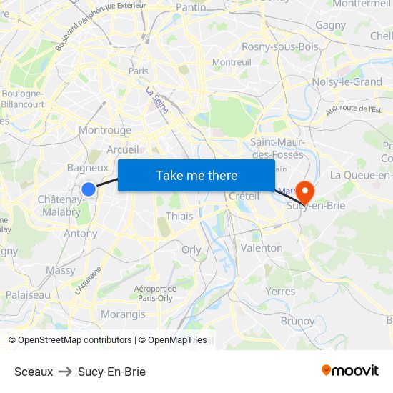 Sceaux to Sucy-En-Brie map