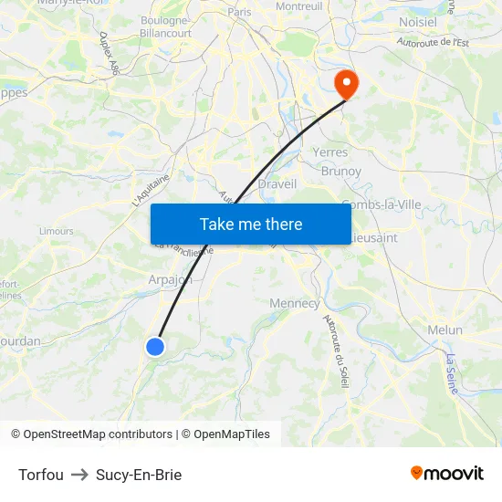 Torfou to Sucy-En-Brie map
