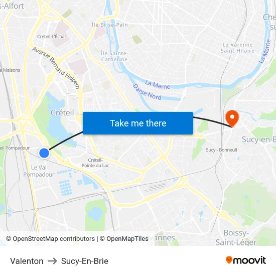Valenton to Sucy-En-Brie map