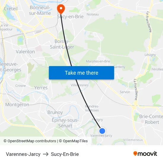 Varennes-Jarcy to Sucy-En-Brie map