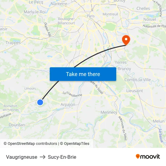 Vaugrigneuse to Sucy-En-Brie map