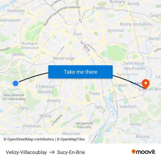 Velizy-Villacoublay to Sucy-En-Brie map