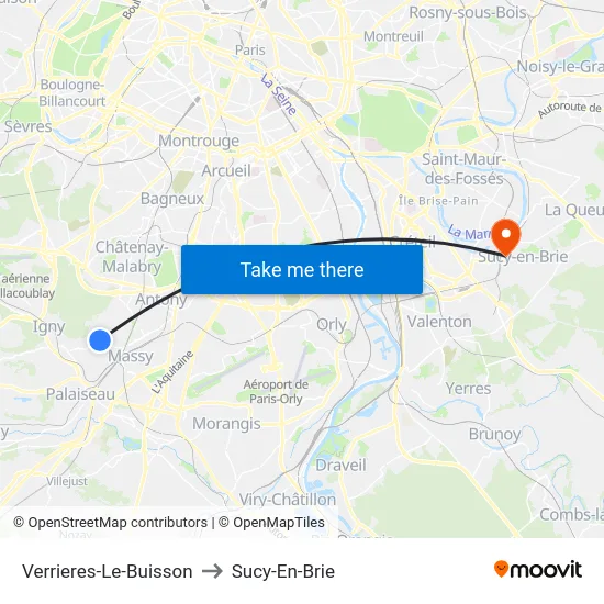 Verrieres-Le-Buisson to Sucy-En-Brie map