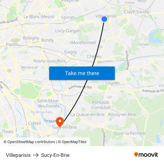 Villeparisis to Sucy-En-Brie map