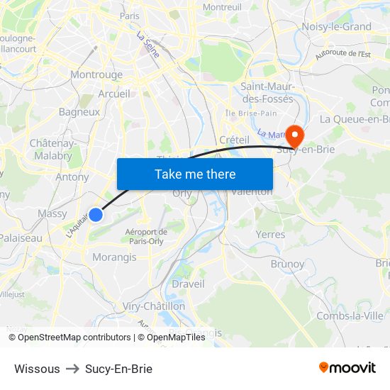 Wissous to Sucy-En-Brie map