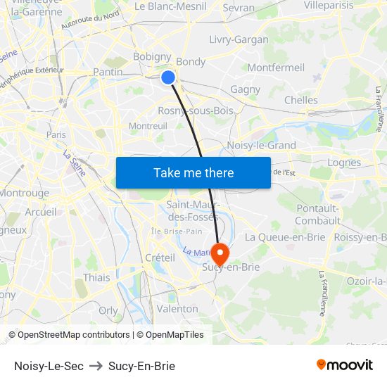 Noisy-Le-Sec to Sucy-En-Brie map