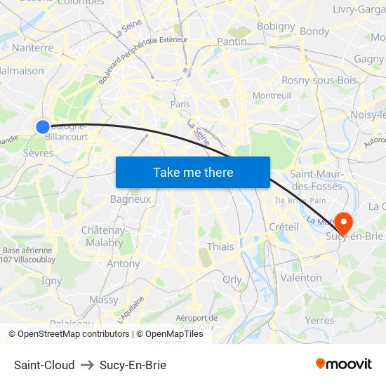 Saint-Cloud to Sucy-En-Brie map