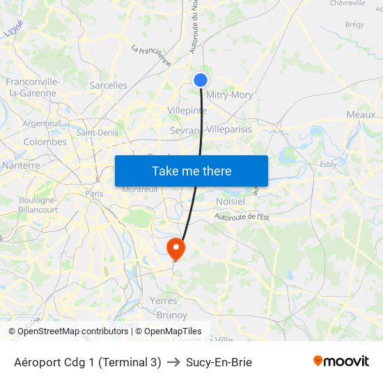 Aéroport Cdg 1 (Terminal 3) to Sucy-En-Brie map