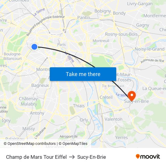 Champ de Mars Tour Eiffel to Sucy-En-Brie map