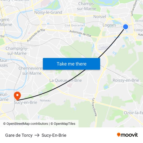 Gare de Torcy to Sucy-En-Brie map