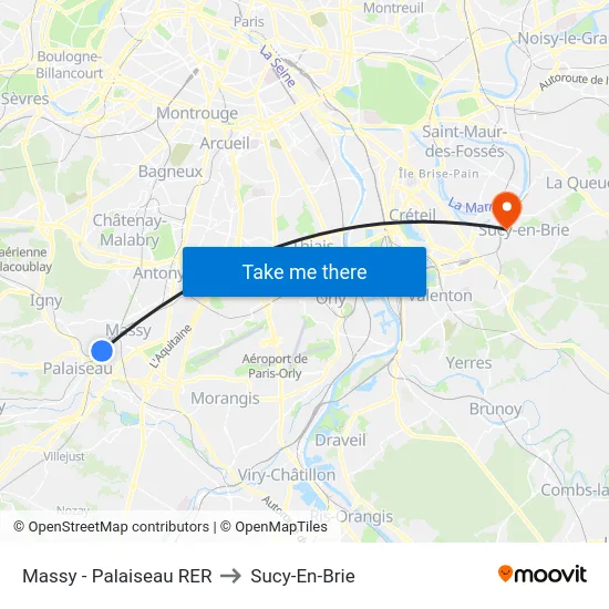 Massy - Palaiseau RER to Sucy-En-Brie map