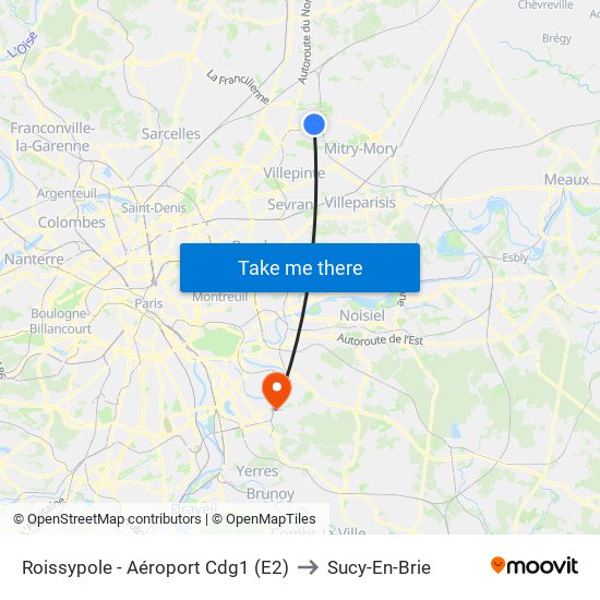 Roissypole - Aéroport Cdg1 (E2) to Sucy-En-Brie map