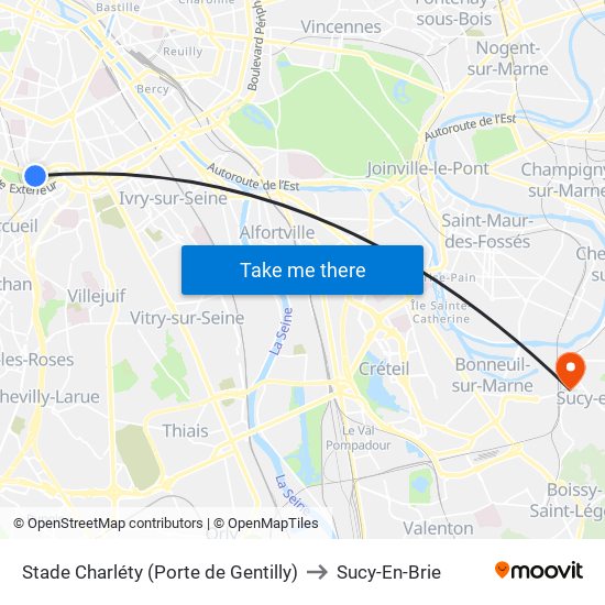 Stade Charléty (Porte de Gentilly) to Sucy-En-Brie map