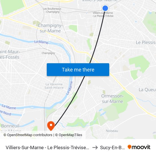 Villiers-Sur-Marne - Le Plessis-Trévise RER to Sucy-En-Brie map