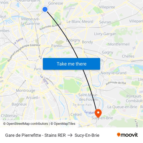 Gare de Pierrefitte - Stains RER to Sucy-En-Brie map