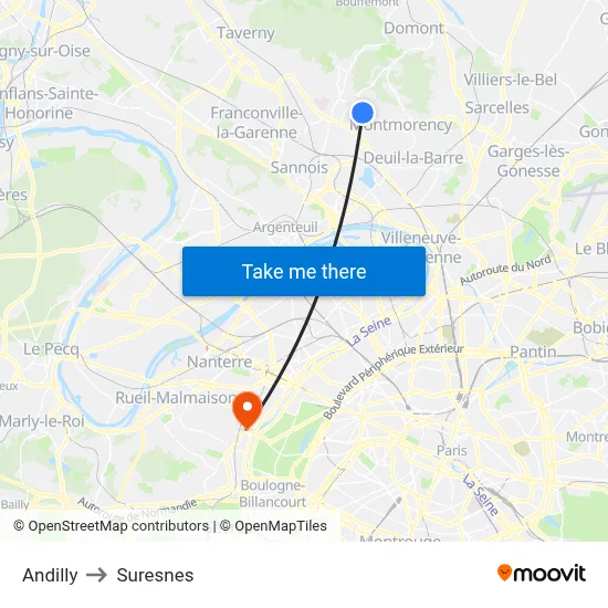 Andilly to Suresnes map