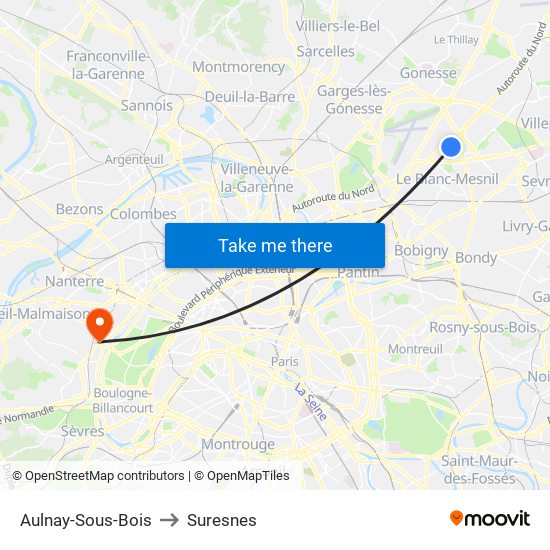 Aulnay-Sous-Bois to Suresnes map