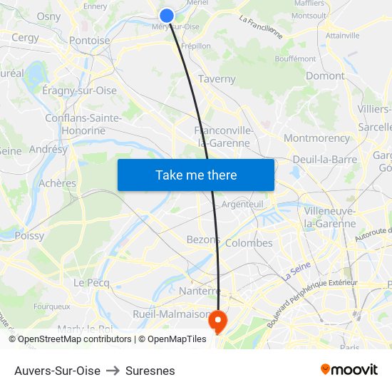 Auvers-Sur-Oise to Suresnes map