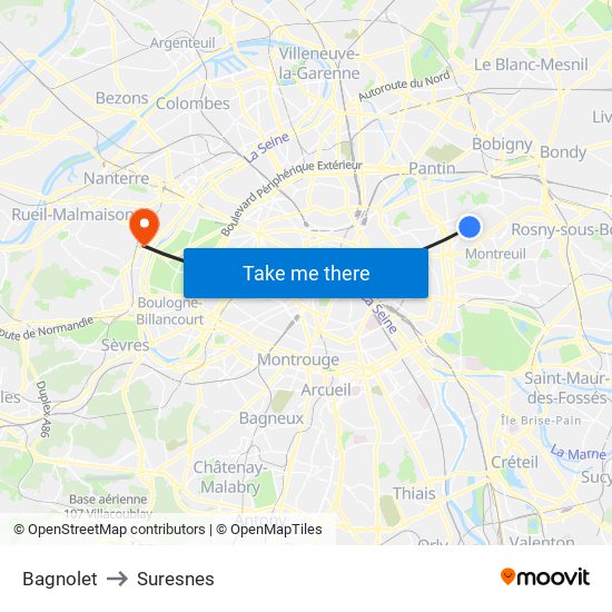 Bagnolet to Suresnes map