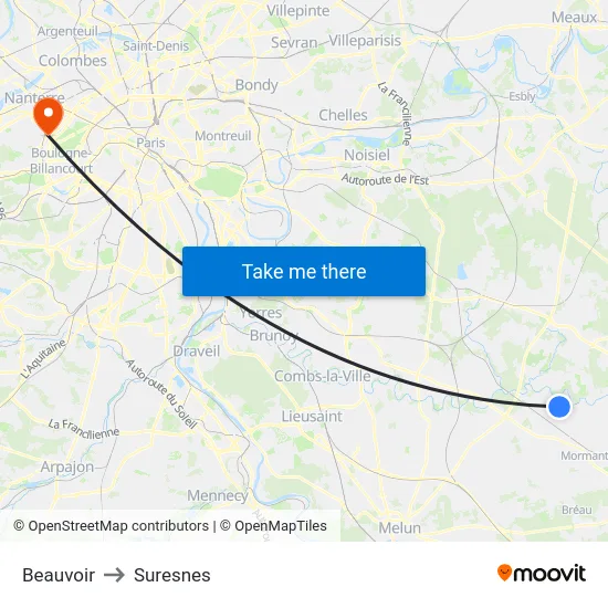 Beauvoir to Suresnes map