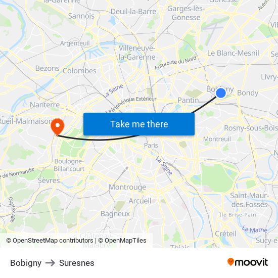Bobigny to Suresnes map