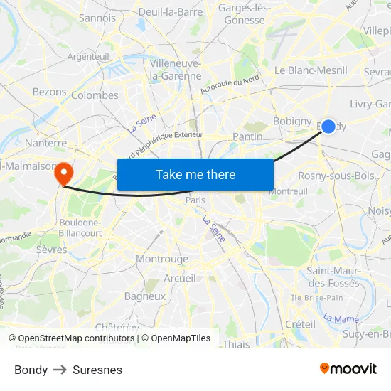 Bondy to Suresnes map