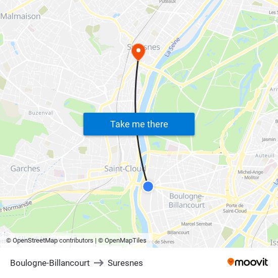 Boulogne-Billancourt to Suresnes map