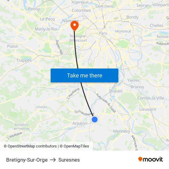 Bretigny-Sur-Orge to Suresnes map