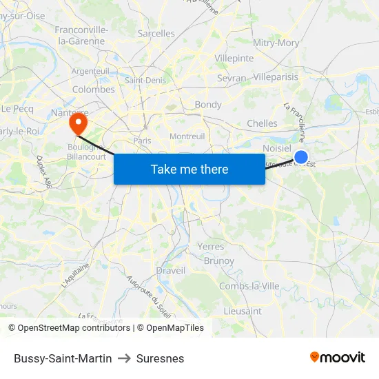 Bussy-Saint-Martin to Suresnes map